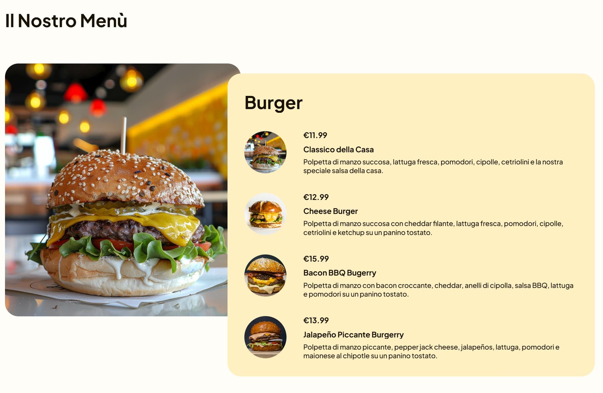 Sezione menù Burgerry con i burger principali
